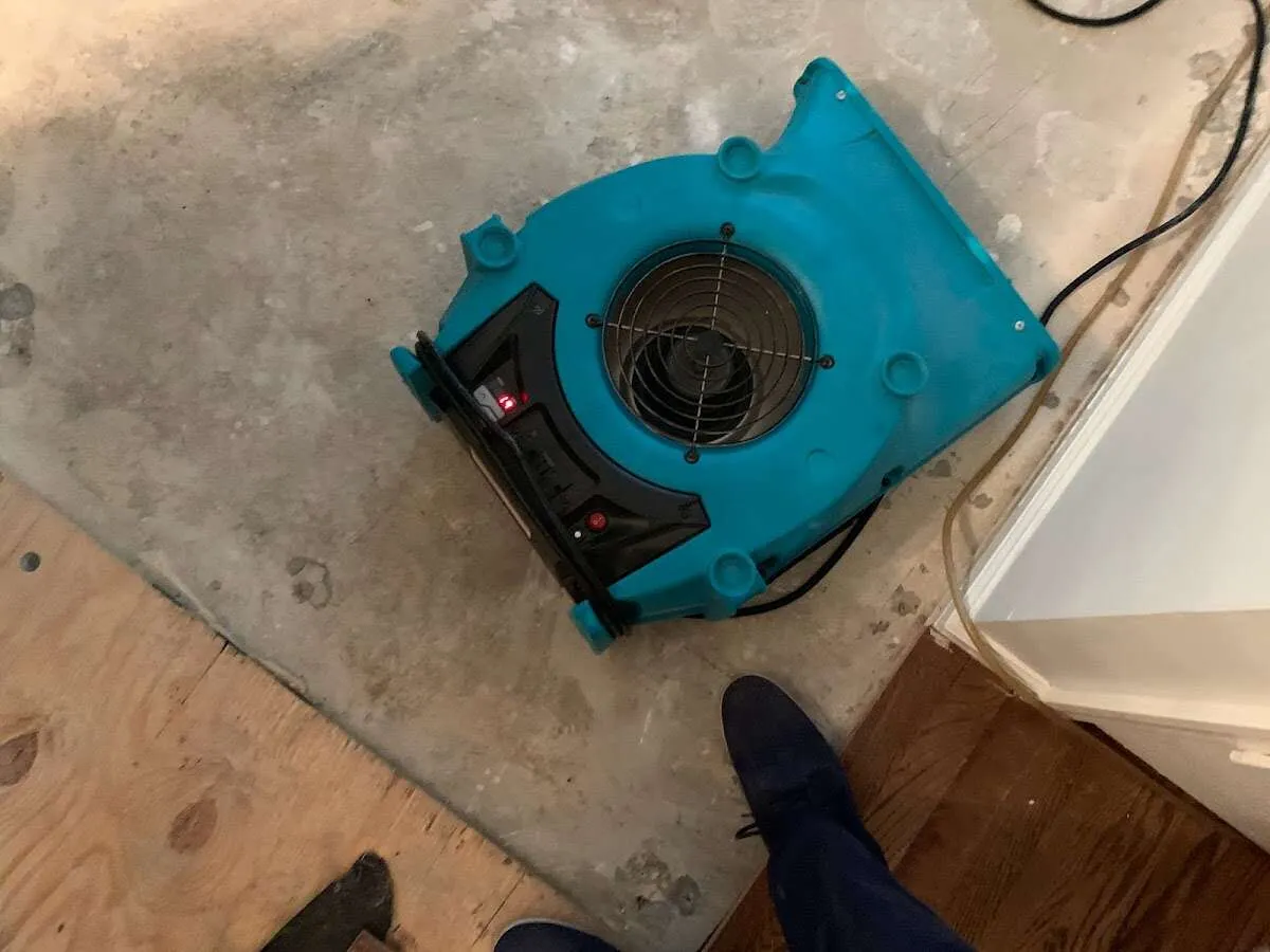 Air mover drying subfloor during Commercial Water Damage Restoration in Scriba